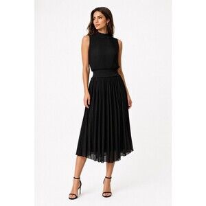 Nanette Lepore Black Pleated Midi Dress Smocked Waist Mock Neck Sleeveless 14